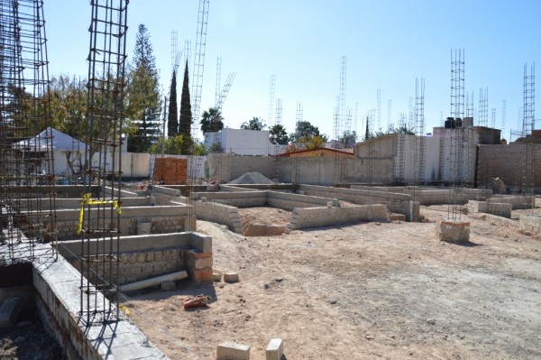 Foundations for the church offices on the left, the library in the middle, bathrooms and large classroom on the right.